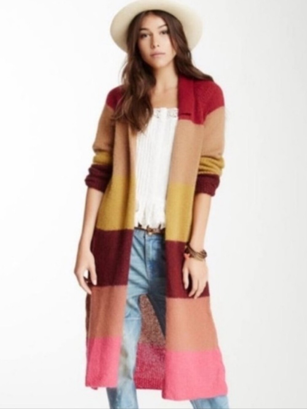 Free People Over The Rainbow Multicolor Long Striped Cardigan Sweater Small